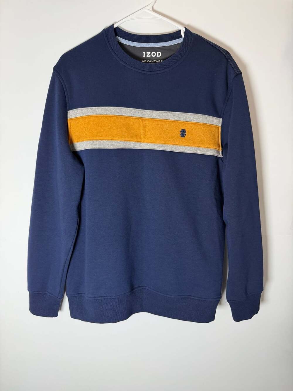 Izod Advantage Performance Stretch Crewneck Sweatshirt Size M Blue Yellow Gray